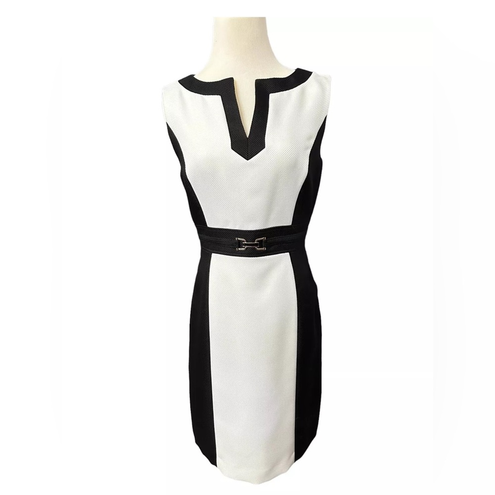 Sz 8 Tahari Arthur S. Levine Black/White Color Block Sleeveless Fitted Dress